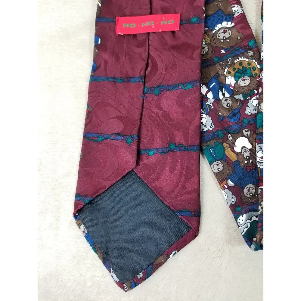 Ho Ho Ho Men Tie Christmas Teddy Bear Burgundy Silk Holidays Vintage Collectible